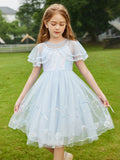 Weiche Netzschalärmel Kinderkleid Mädchen Pailletten Stickerei Prinzessin Freizeit Partykleid