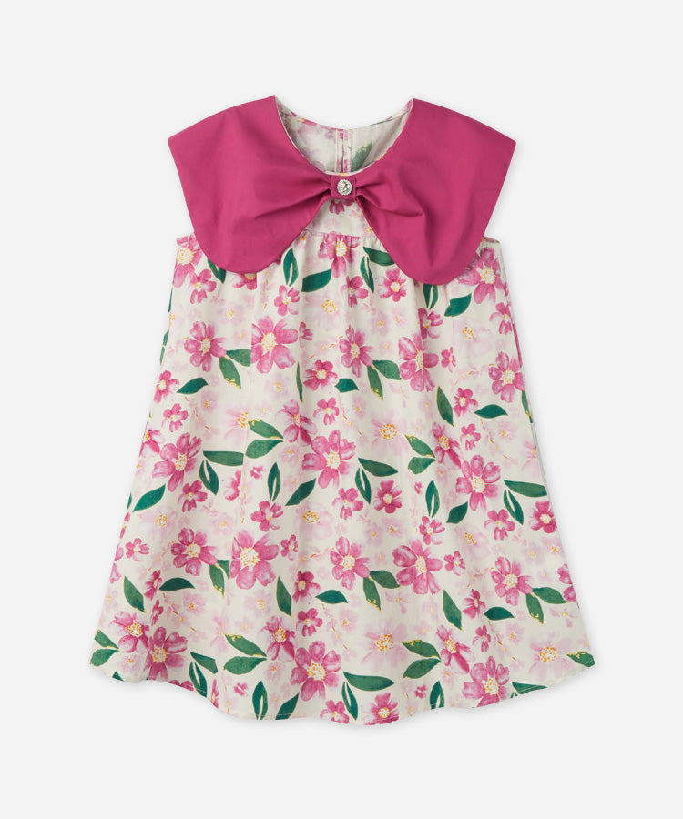 Großes Revers, durchgehender Blumenprint, Kinderkleid aus 100% Baumwolle, süßes ärmelloses Mädchenkleid