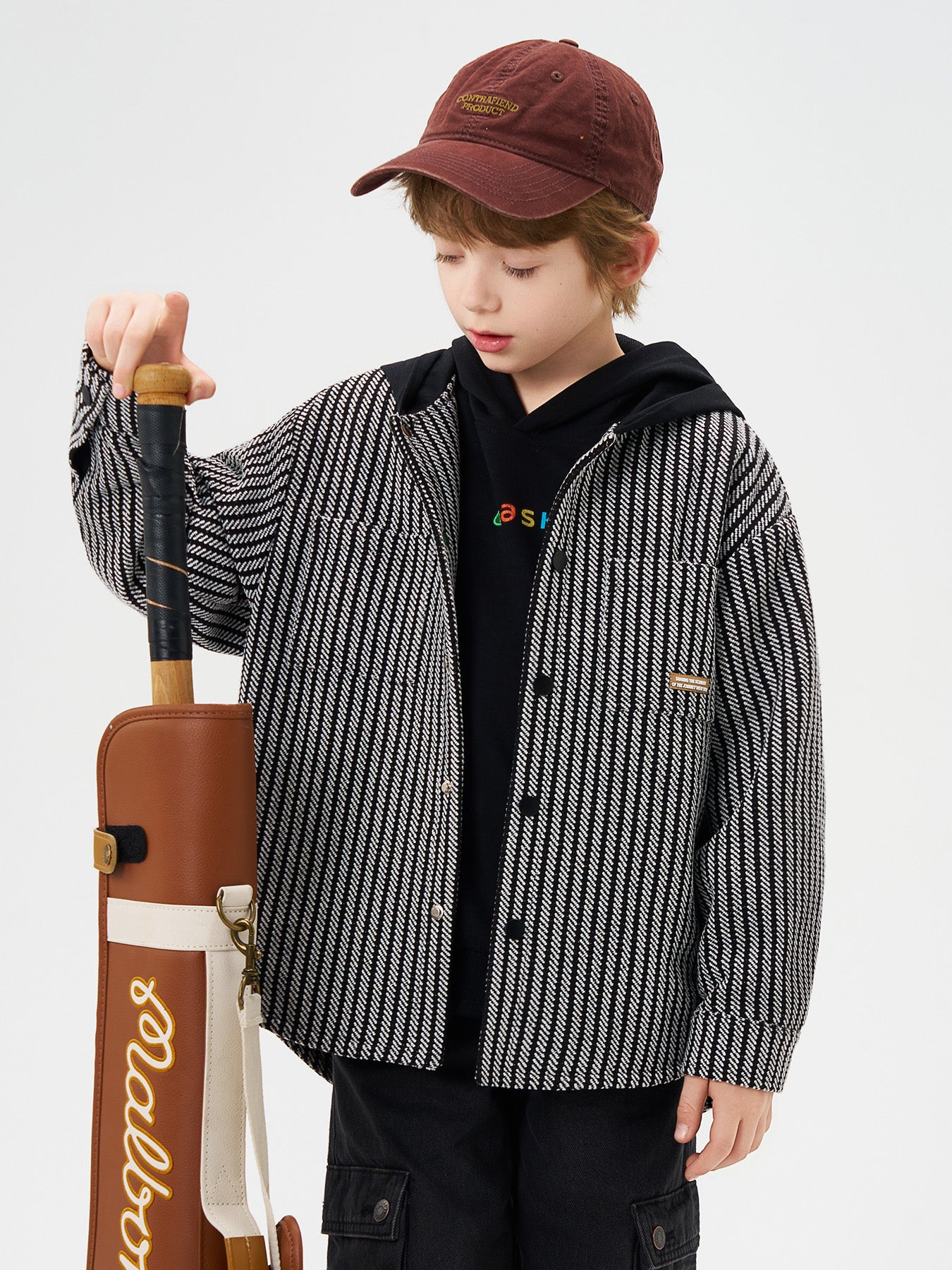 Black and White Striped Hooded Kids Boys Coats