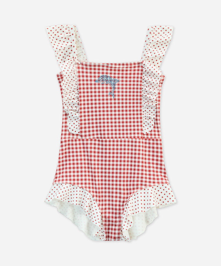Geblockter Polka Dot & Schachbrett-Badeanzug für Kinder und Mädchen