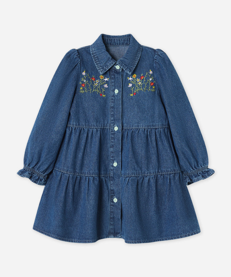 Dunkelblaues Jeanskleid für Kinder mit Rüschensaum