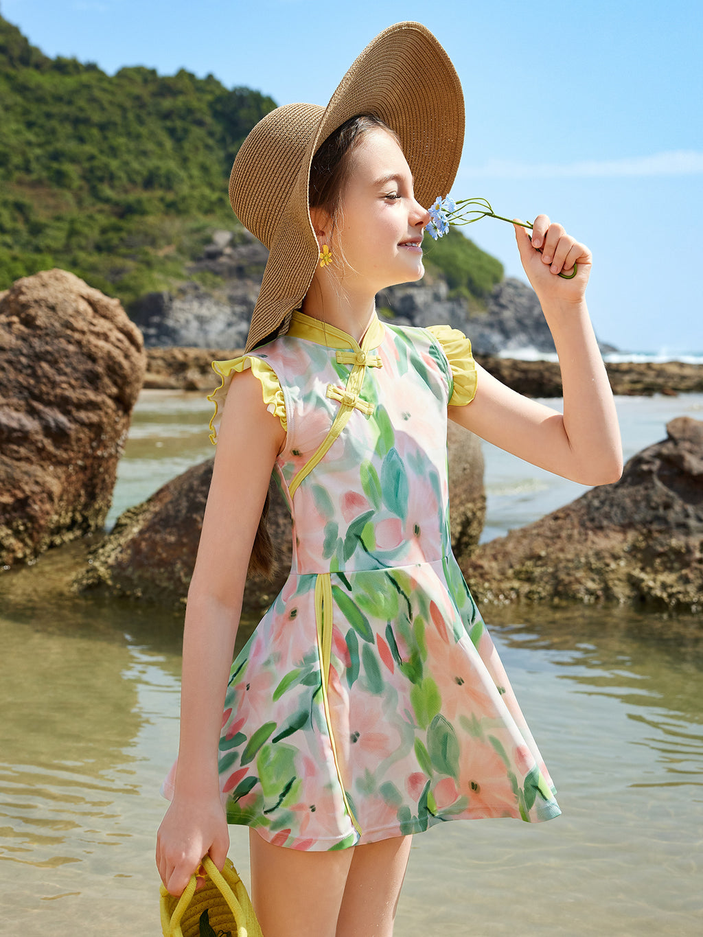 Kinder Mädchen Bademode Cheongsam 2-teiliges Badekleid und Short Set mit Badekappe