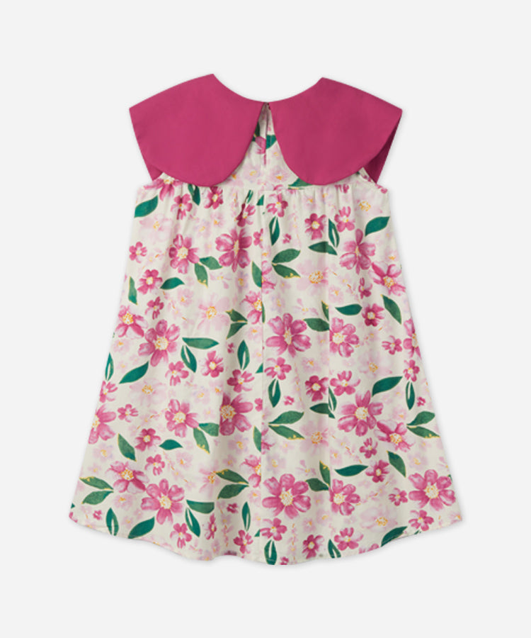 Großes Revers, durchgehender Blumenprint, Kinderkleid aus 100% Baumwolle, süßes ärmelloses Mädchenkleid