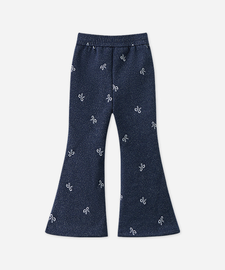 Girls Fleece-lined Jacquard Slight-flare Jeans Knit Trousers