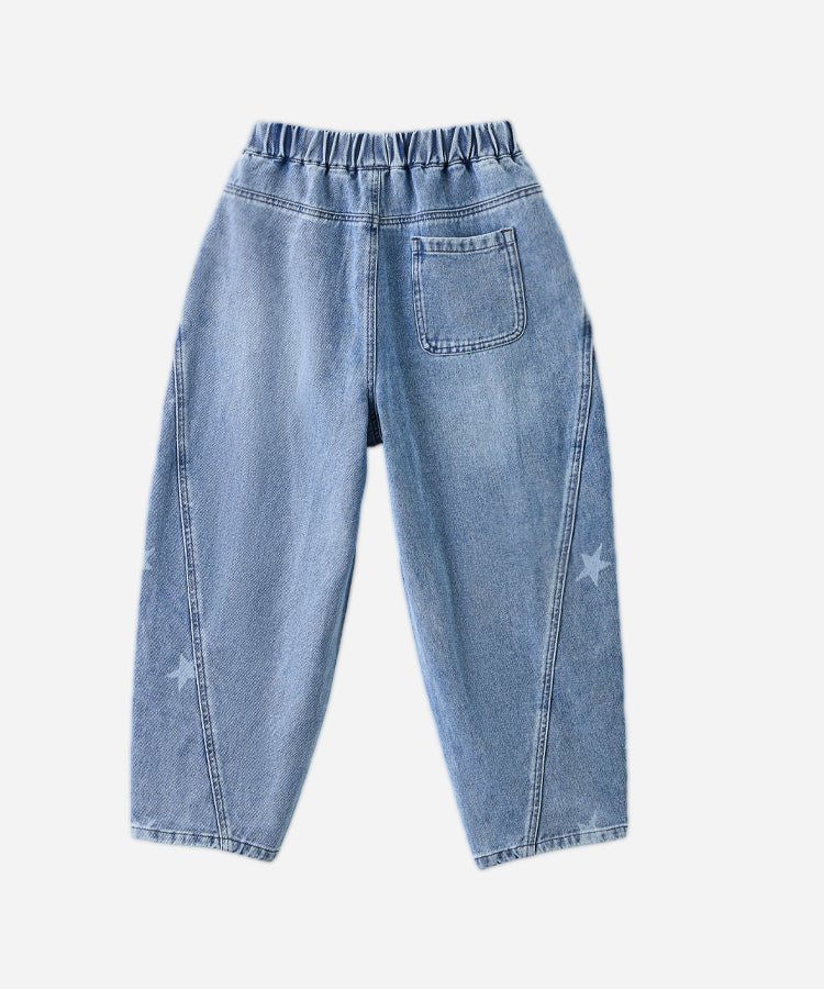 Boys Washed Denim Jeans | Star Print Curved Leg Pants for Kids