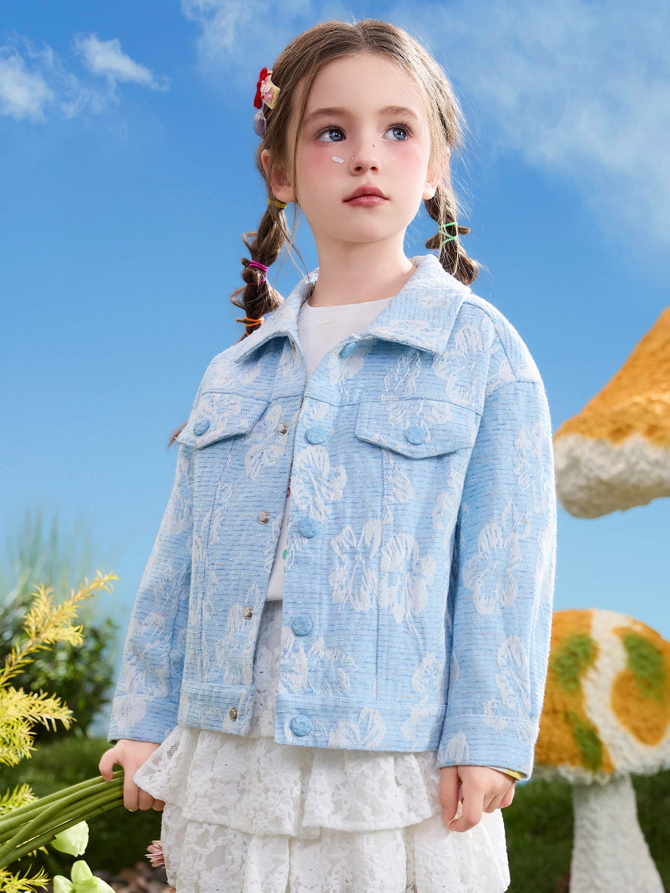 Kids Girls Jeans Coats, 3D Flower Colorful Jacquard Lapel Denim Outerwear
