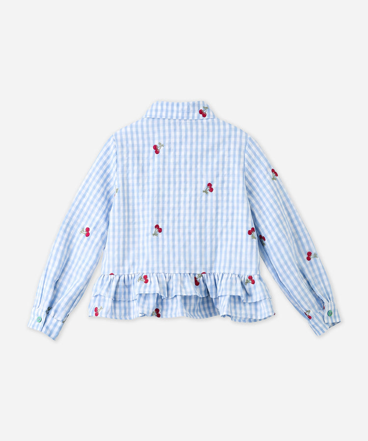 Cute Cherry Plaid Kids Girls Tops, Ruffled Hem Casual Loose Blouse