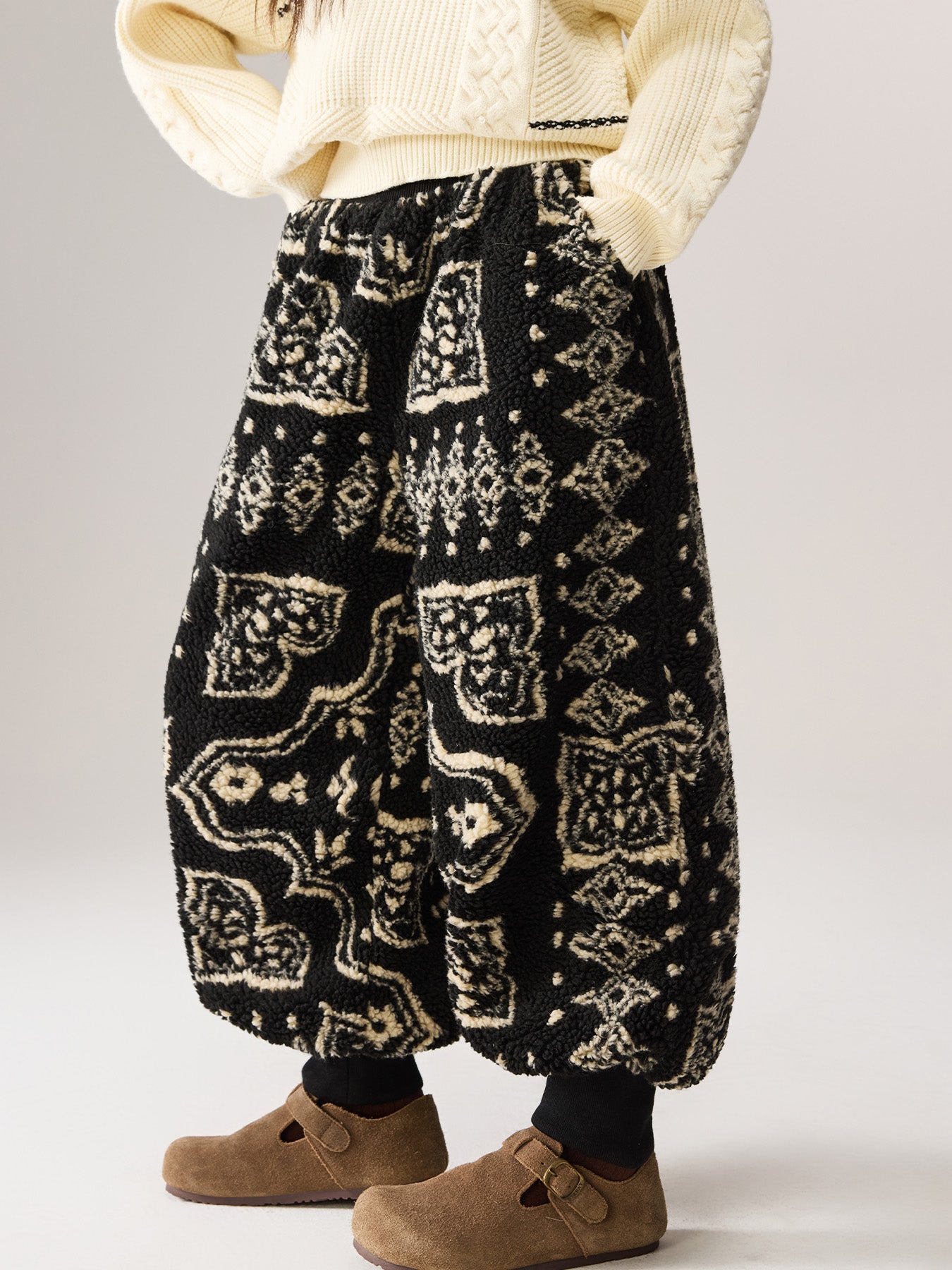 Kids Lamb Wool Jacquard Fleece Lined Lantern Pants for Fall Winter