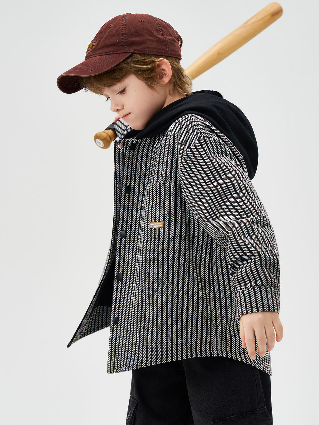 Black and White Striped Hooded Kids Boys Coats
