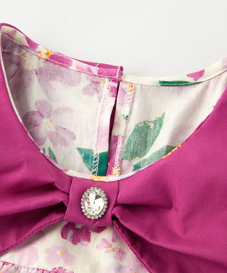 Großes Revers, durchgehender Blumenprint, Kinderkleid aus 100% Baumwolle, süßes ärmelloses Mädchenkleid