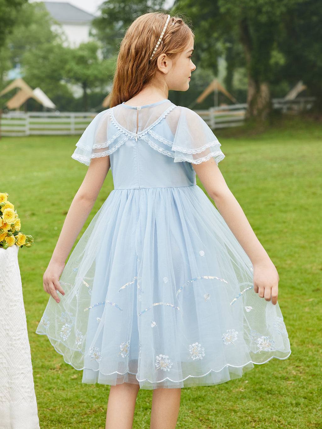 Weiche Netzschalärmel Kinderkleid Mädchen Pailletten Stickerei Prinzessin Freizeit Partykleid