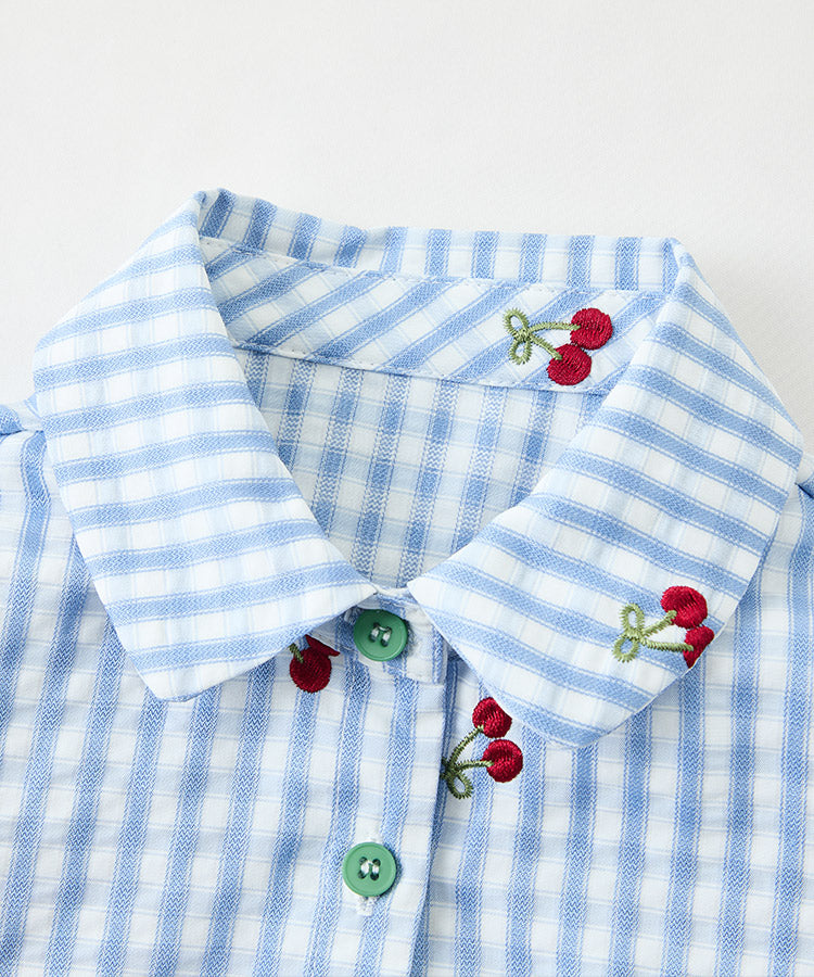 Cute Cherry Plaid Kids Girls Tops, Ruffled Hem Casual Loose Blouse