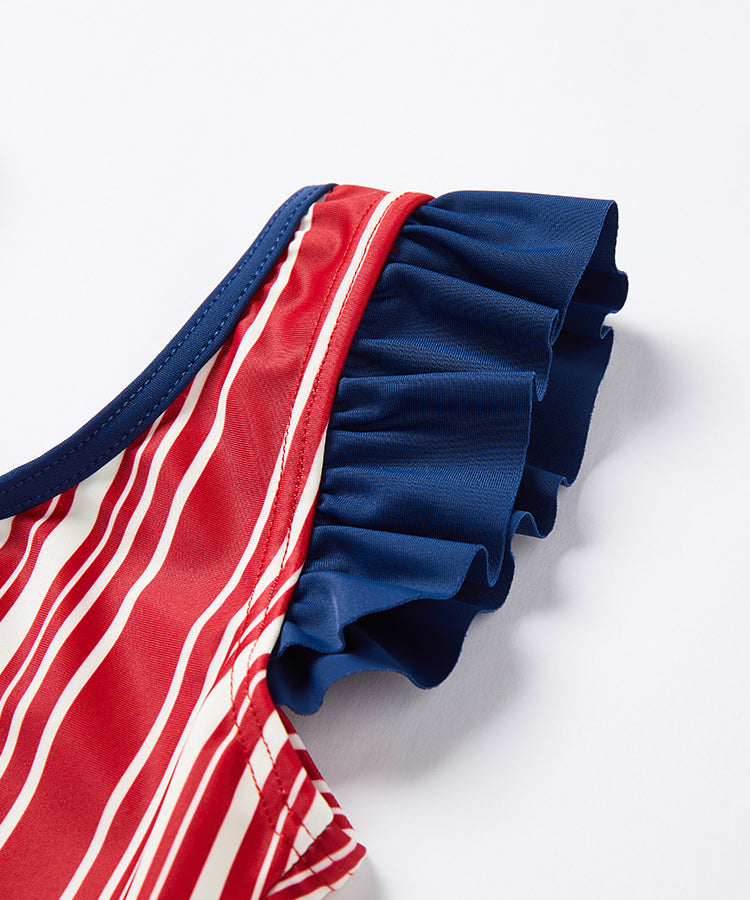 Maillot de bain une pièce sans manches à blocs de couleurs rouge et bleu pour petites filles avec bonnet de bain assorti