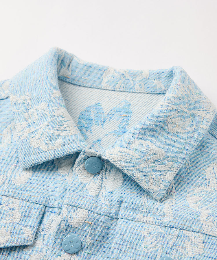 Kids Girls Jeans Coats, 3D Flower Colorful Jacquard Lapel Denim Outerwear