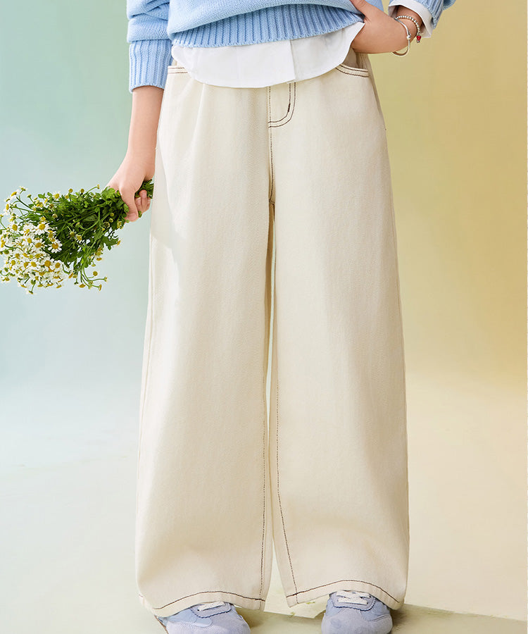Girls High-Waist Cropped Denim Pants | 100% Cotton Loose Fit Jeans