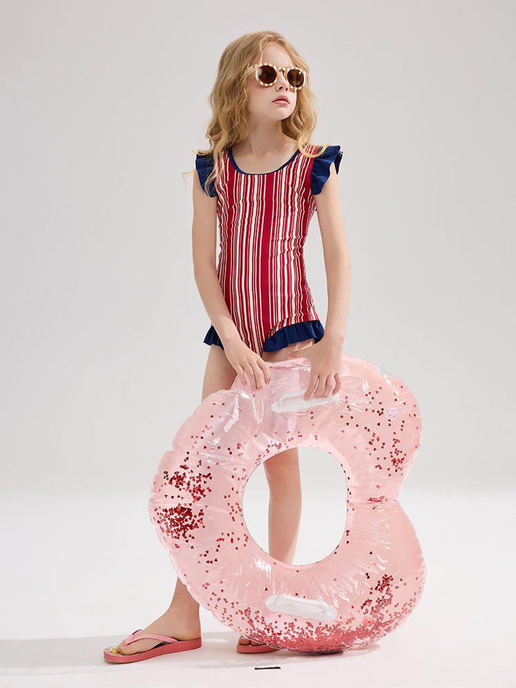 Maillot de bain une pièce sans manches à blocs de couleurs rouge et bleu pour petites filles avec bonnet de bain assorti