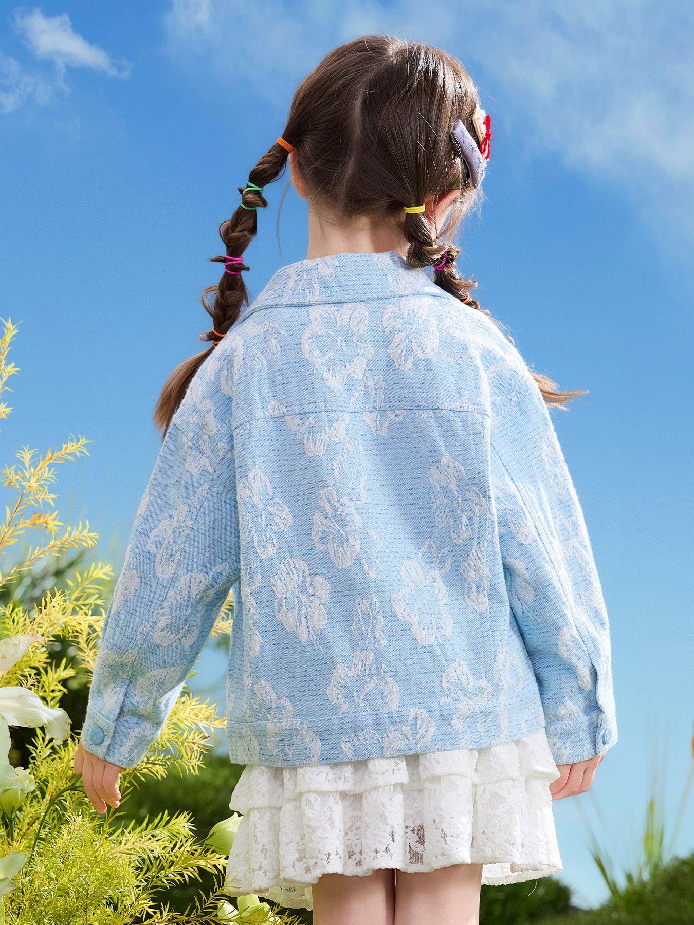 Kids Girls Jeans Coats, 3D Flower Colorful Jacquard Lapel Denim Outerwear