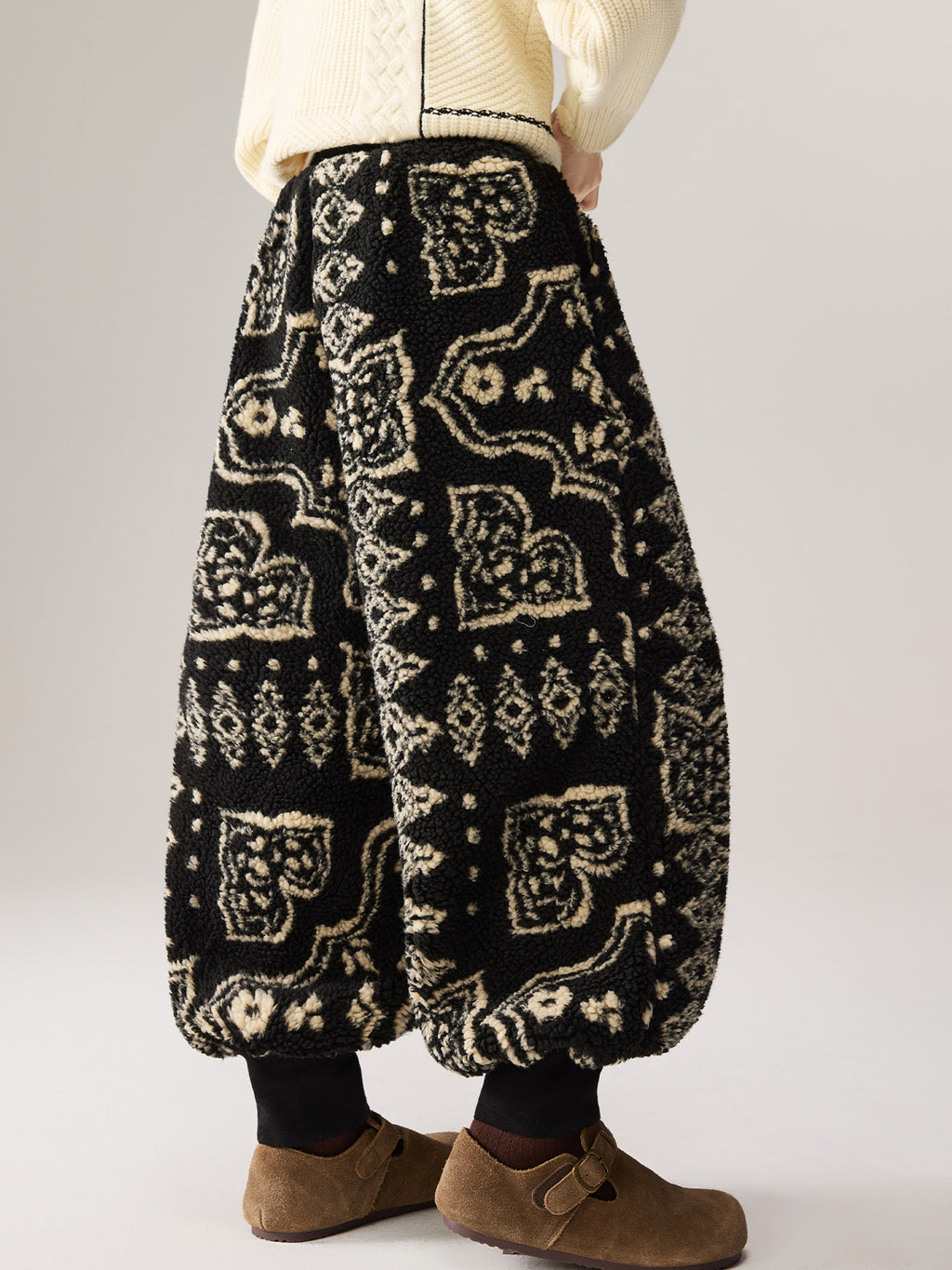 Kids Lamb Wool Jacquard Fleece Lined Lantern Pants for Fall Winter