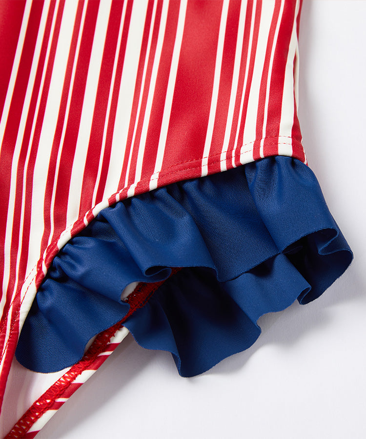 Maillot de bain une pièce sans manches à blocs de couleurs rouge et bleu pour petites filles avec bonnet de bain assorti