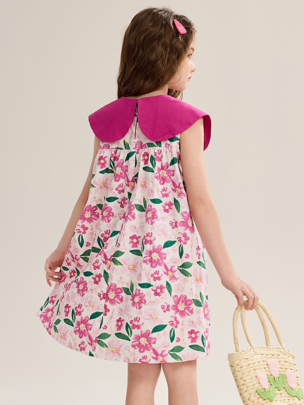 Großes Revers, durchgehender Blumenprint, Kinderkleid aus 100% Baumwolle, süßes ärmelloses Mädchenkleid