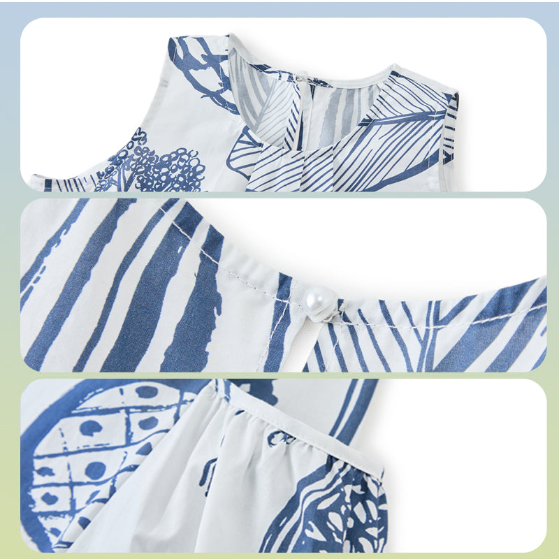 100% Cotton Plant Print Kids Dress Pleated Pocket Casual Girls Dress