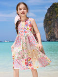 Frisches pastorales Blumenmuster Kinderkleid 100% Baumwolle Rundhals Ärmellos Mädchen Kleid