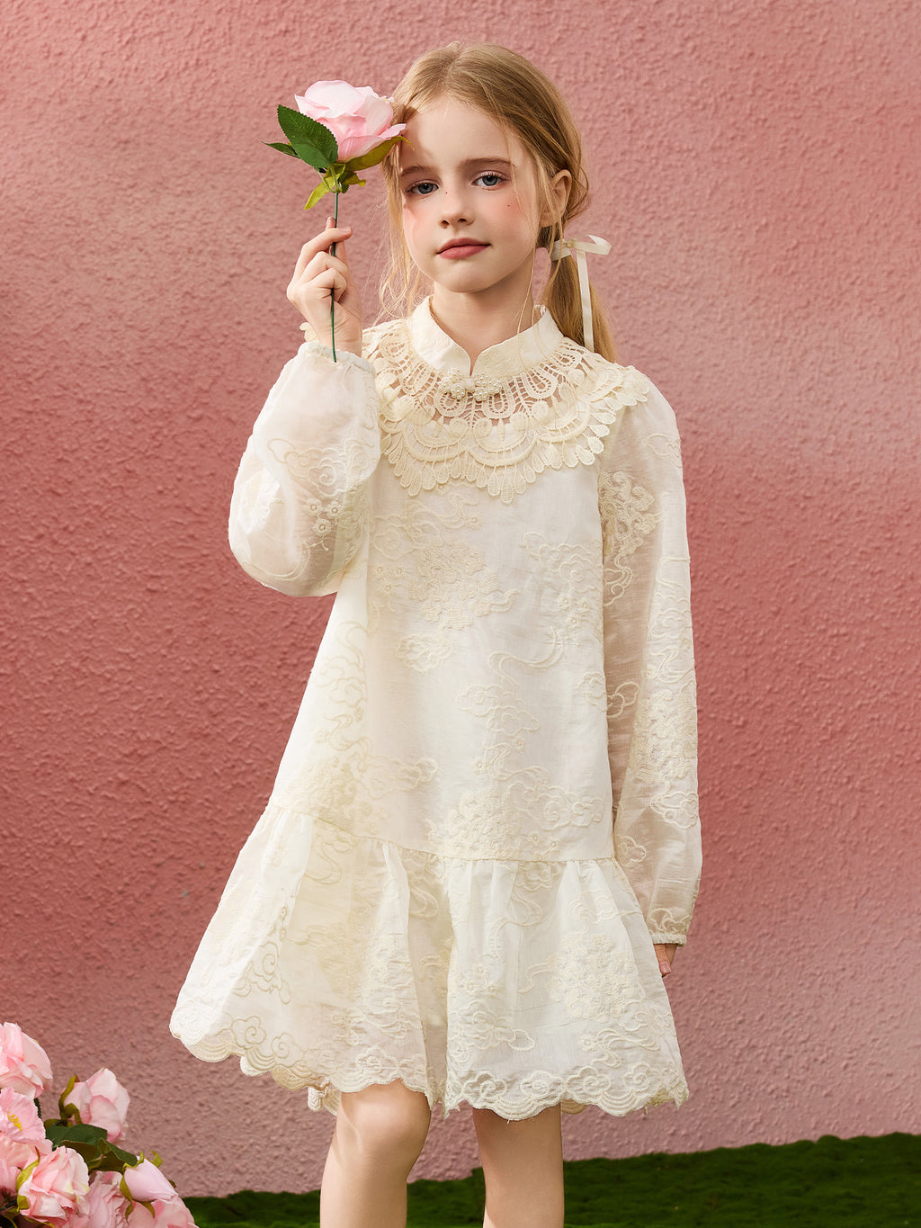 Lace Jacquard Long Sleeve Kids Dress