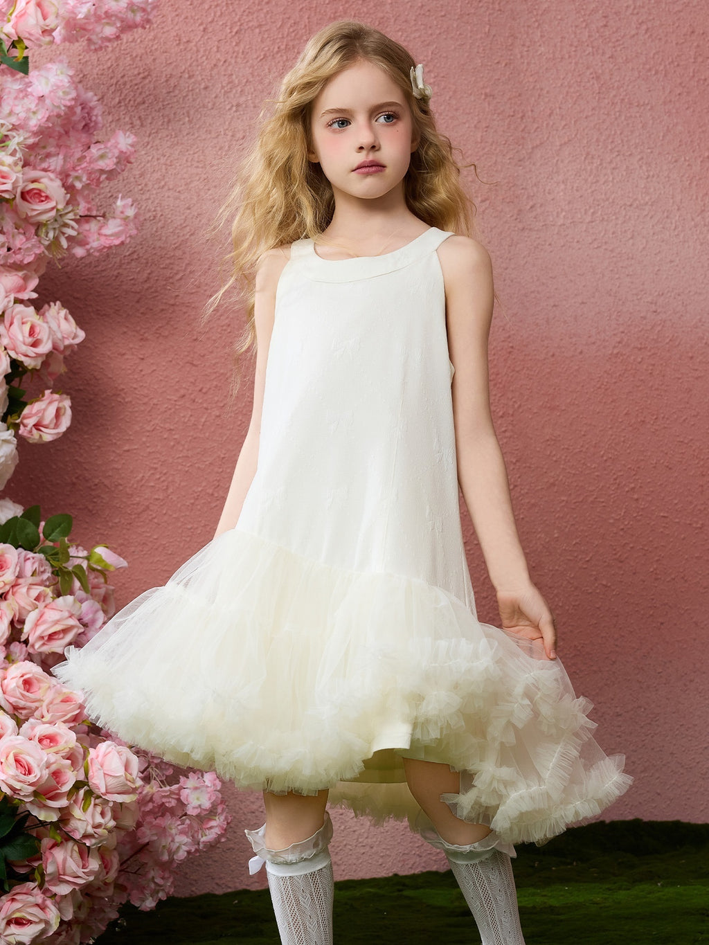 Irregular Tulle Tutu Kids Dress Jacquard Sleeveless Girls Dress