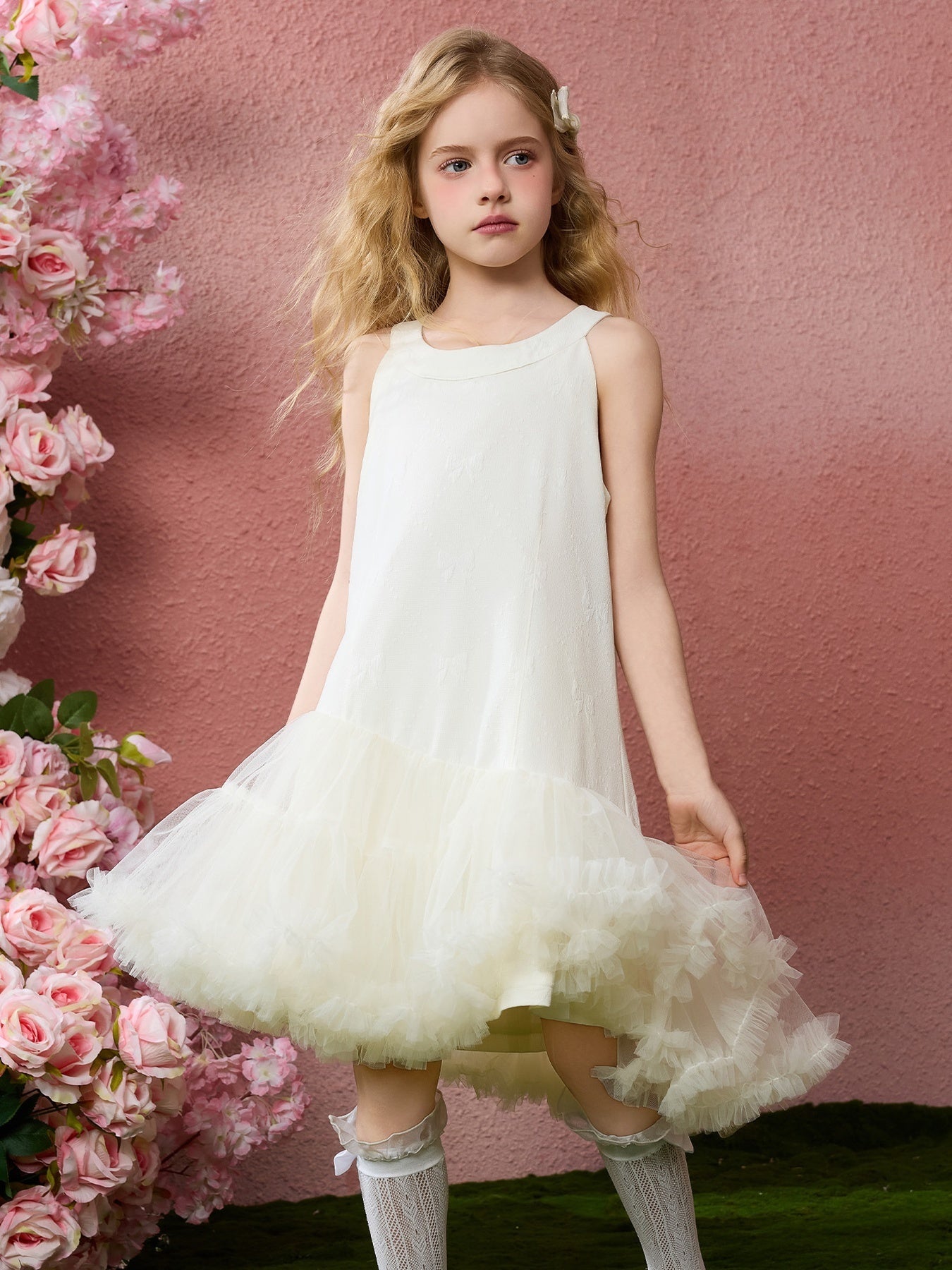 Irregular Tulle Tutu Kids Dress Jacquard Sleeveless Girls Dress