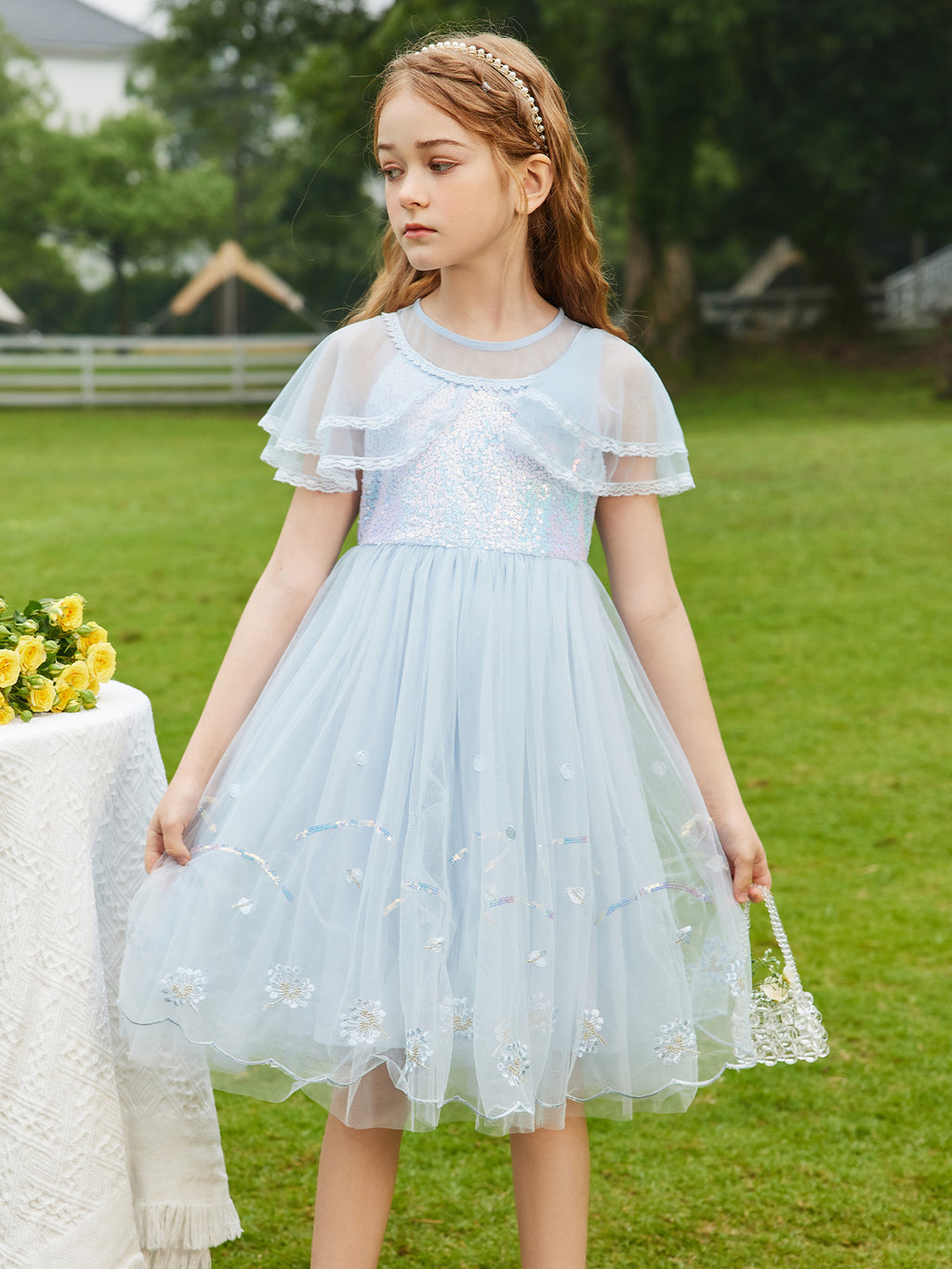 Weiche Netzschalärmel Kinderkleid Mädchen Pailletten Stickerei Prinzessin Freizeit Partykleid
