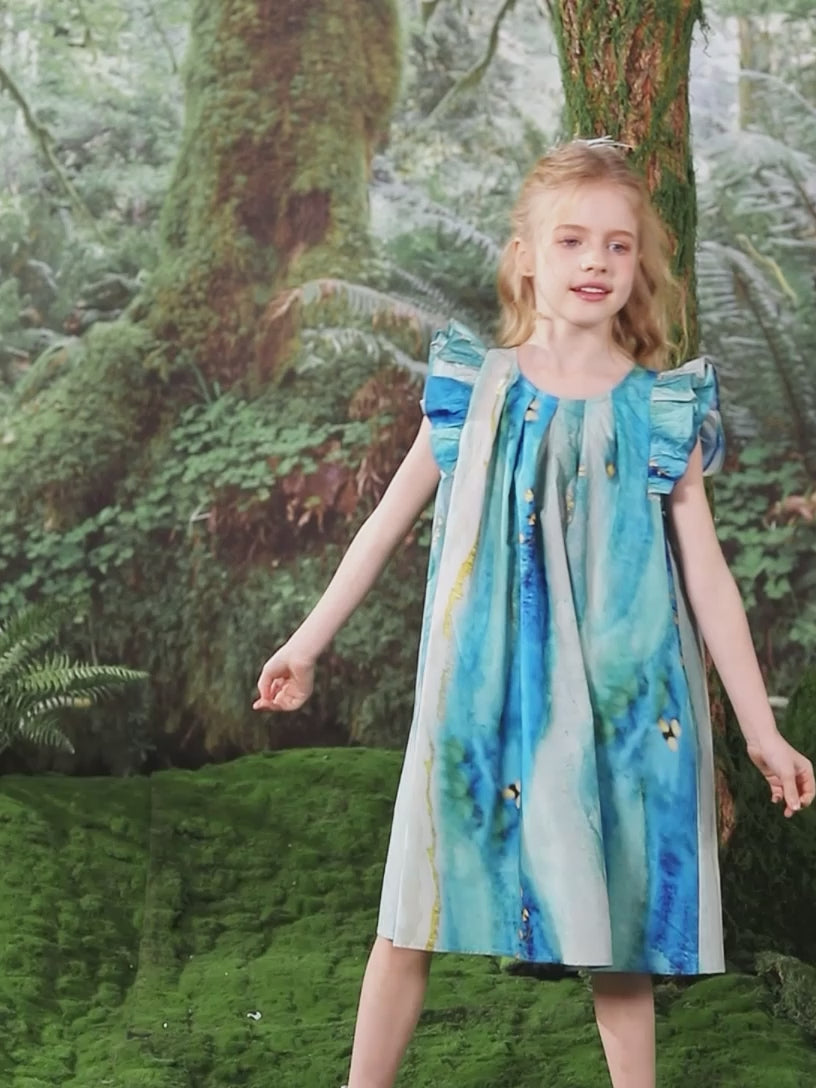 Graffiti Print Fly Sleeve Kids Dress 100% Cotton Casual Girls Dress