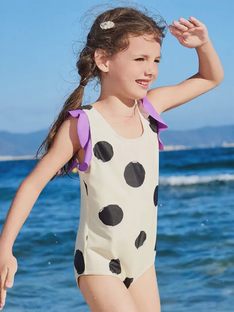 Kids Girls One Piece Swimsuit Flutter Sleeve Training Swim Suit