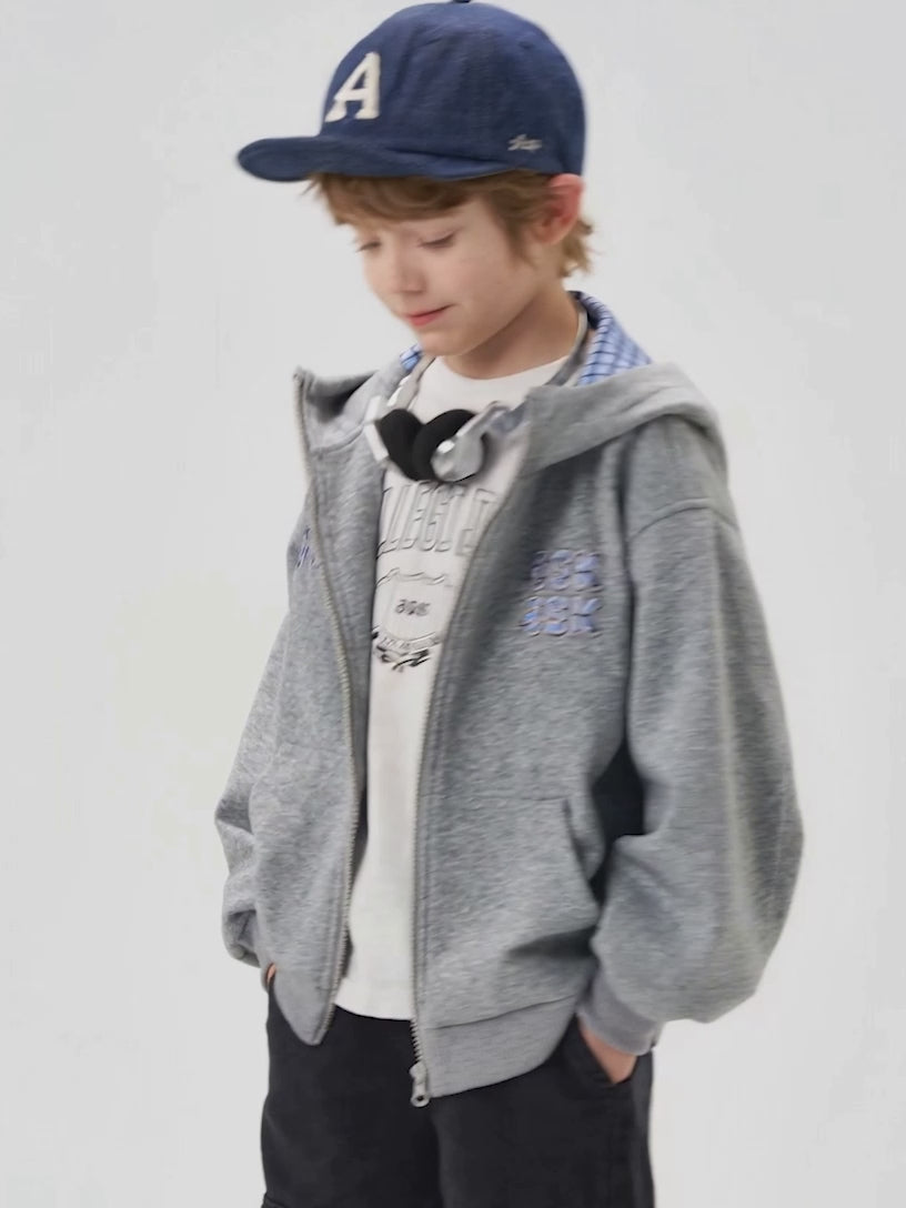 Kids Boys Hooded Sweatshirt Jacket Embroidery Patch Casual Outerwear