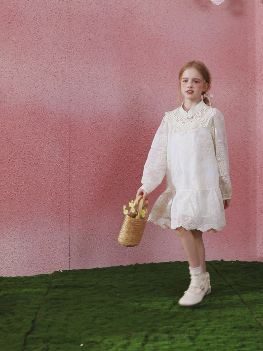 Lace Jacquard Long Sleeve Kids Dress