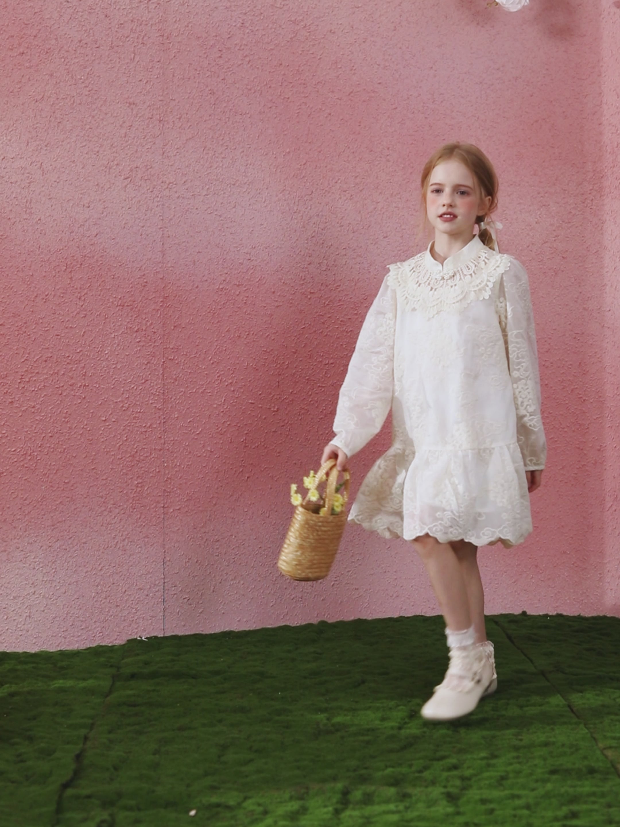 Lace Jacquard Long Sleeve Kids Dress