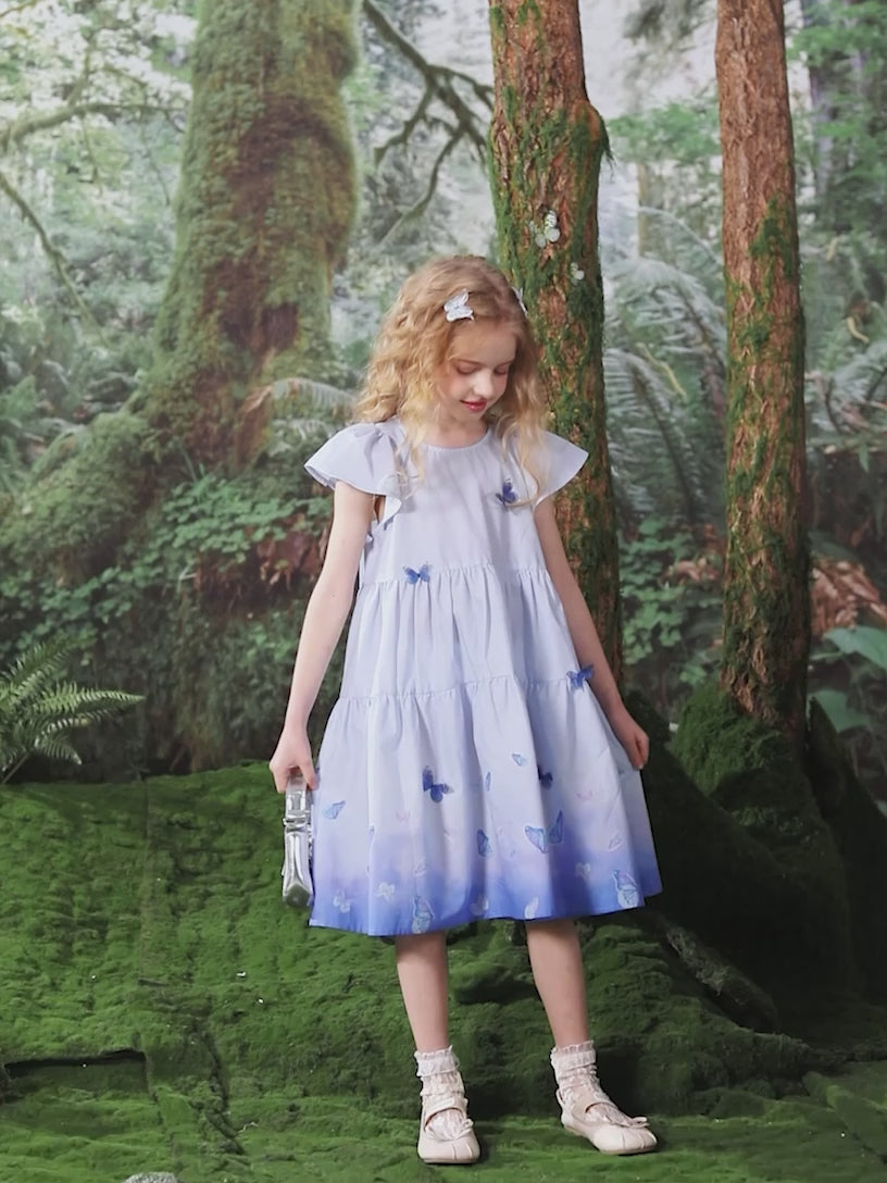 100% Cotton  A-Line Dress 3D Butterfly Decor Casual Swing Kids Girls Dress