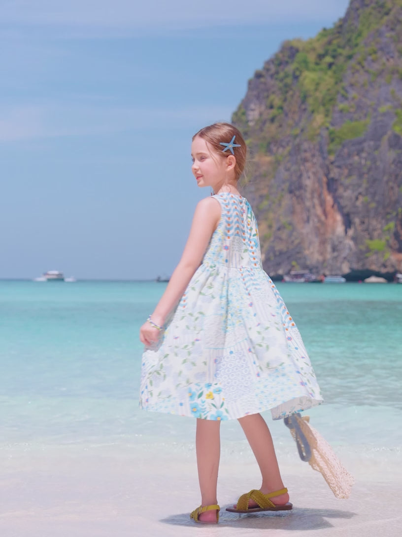 Frisches pastorales Blumenmuster Kinderkleid 100% Baumwolle Rundhals Ärmellos Mädchen Kleid