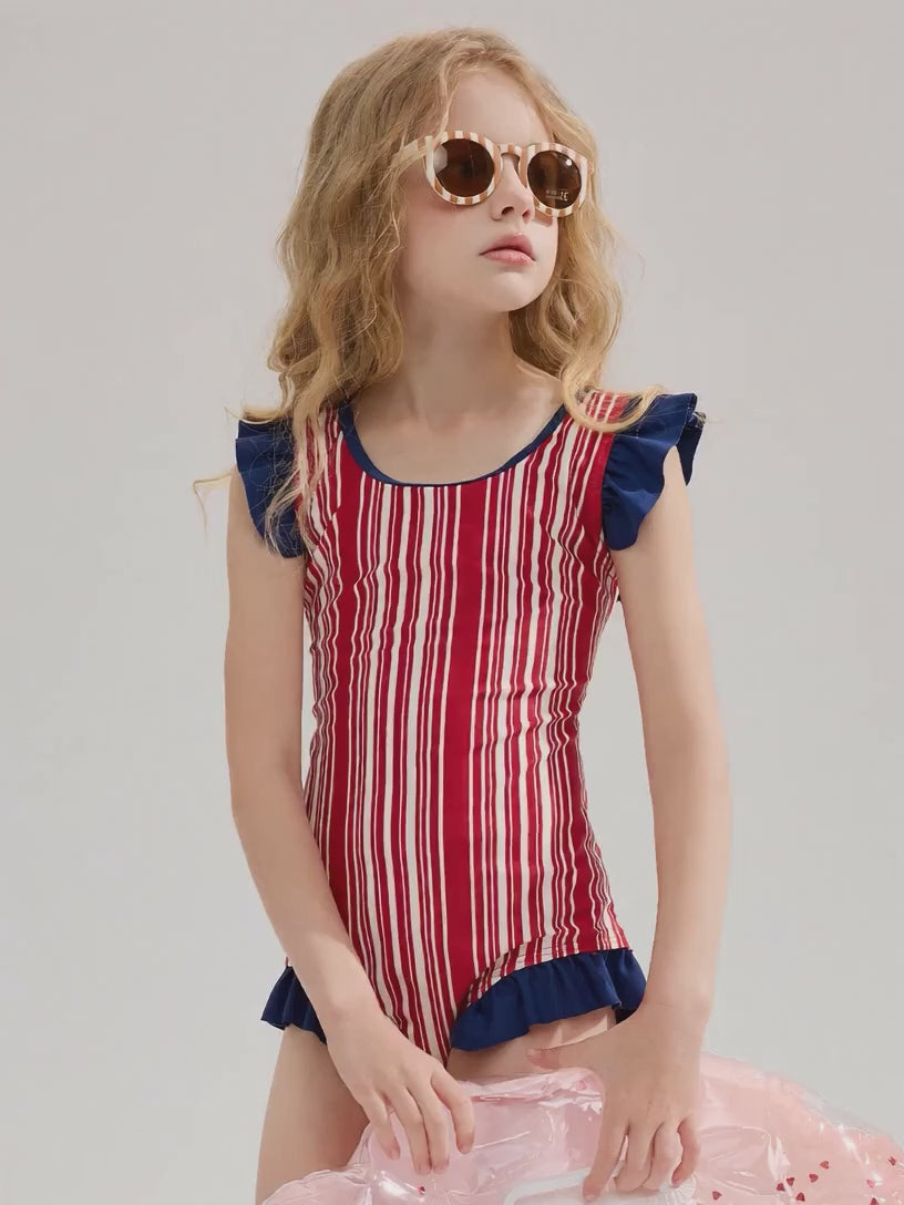 Maillot de bain une pièce sans manches à blocs de couleurs rouge et bleu pour petites filles avec bonnet de bain assorti