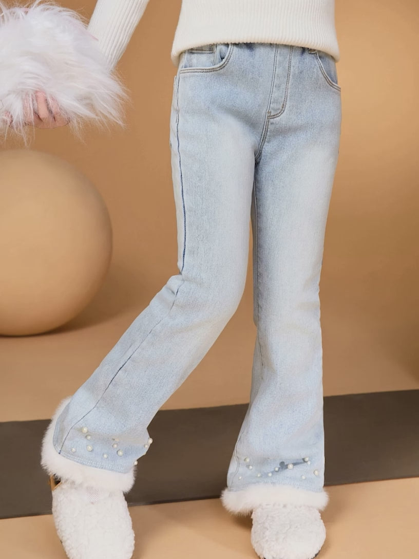 Mädchen Fleece Gefüttert Warme Flare Jeans, Lässige Stretch Kinderhose für Herbst Winter