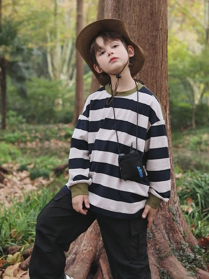 Striped Spliced Knit Kids Boys Tops  Casual Long Sleeve Shirt