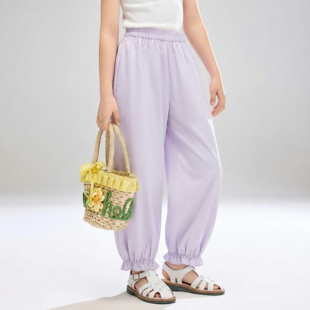Kids Girls Lace Trim Mosquito Pants, Loose Thin Breathable Long Trousers for Summer Outdoor Play